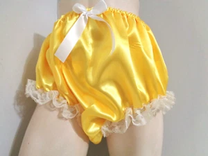 Adult sissy bold yellow frilly men satin panties briefs bloomer dress-up 34-48 - Picture 1 of 3