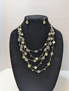 Green Tiger Eye Clear Beads Necklace Earring Rhinestone Gold Tone Multi Strand - Picture 1 of 10