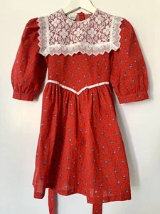 Vintage 70s My Traci Lynn California Floral Red Girl Dress with Lace Collar 7 - Picture 1 of 6