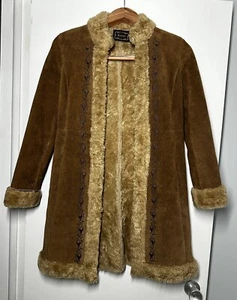 Vintage Guess Embroidered Penny Lane Coat Suede Jacket Y2K Brown Fur Boho Long S - Picture 1 of 20