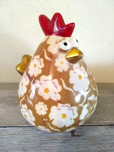 Chicken Hen Ceramic Coin Piggy Bank Figurine 6.75" High Green White Gold Floral - Picture 1 of 11