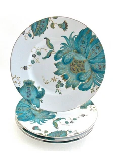 SET OF 4 ELIZA" TEAL SALAD PLATES 222 FIFTH TURQUOISE FLOWERS 8 3/4" UNUED - Picture 1 of 4