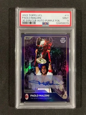PAOLO MALDINI 2022 TOPPS UCL 30 SSN CLB automático #11 lámina púrpura/25 PSA 9 Foto 1 de 2
