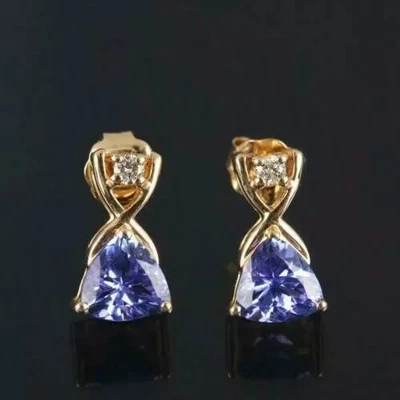 1.20 克拉万亿实验室制作坦桑石耳钉 14K 镀黄金 — 第 1/4 张图片