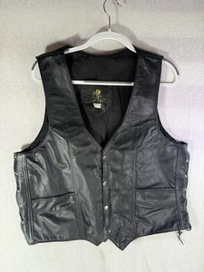 VINTAGE GENUINE LEATHER MOTORCYCLE VEST SNAP BUTTONS TWO POCKETS NEW LARGE GG - Picture 1 of 11