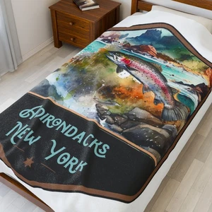 Adironacks New York Fishing Art Blanket Plush Blanket Luxurious National Parks - Picture 1 of 13