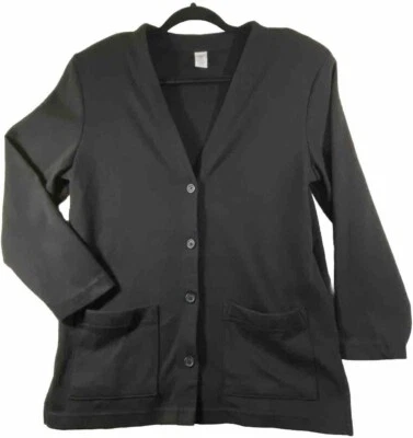 Vintage Lands End V Neck Cardigan Women's 10-12 Pet. Black Cotton Artsy Pockets - Image 1 of 4
