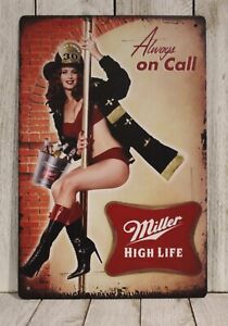 Miller Beer Pinup Girl Tin Poster Sign Bar Man Cave Vintage Ad Firefighter