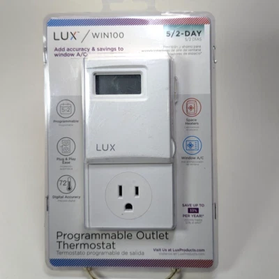 Lux WIN100 Programmable Outlet Thermostat 3-Prong AC Grounded NEW IN PACKAGE - Image 1 of 4