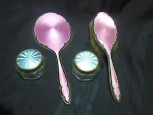 ANTIQUE BIRMINGHAM 1850 GUILLOCHE ENAMEL STERLING BRUSH & MIRROR VANITY SET - Picture 1 of 12