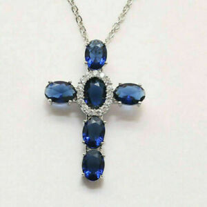 Women's Lab Created Blue Sapphire Cross Pendant Necklace 14K White Gold Plated.