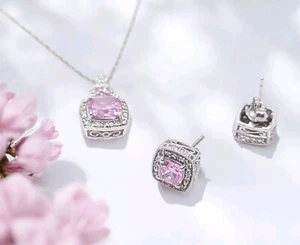 Sterling Silver Pink Cubic Zirconia Necklace & Earrings Set - Picture 1 of 8