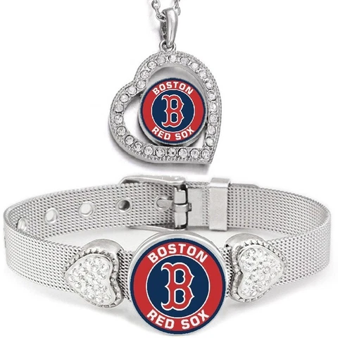2PcSet Boston Red Sox Womens Sterling Silver Necklace With Bracelet Cover