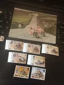ISLEOF MAN Hislop & Fogarty SMALL Postcard + STAMPS 1973 TT MINT 1975 TT USED - Picture 1 of 5
