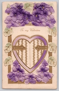 Embossed Valentine Postcard Violets & Gold Heart – Message behind heart - Picture 1 of 3