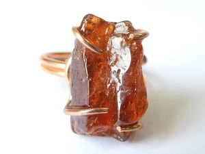 Hessonite Garnet Natural Crystal Rough Wire Wrapping Copper Adjustable Ring - Picture 1 of 8