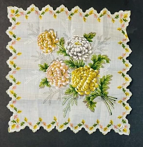 Vintage Ladies Hankie Floral Bouquet Cotton Handkerchief Hand Painted 16”x16” - Picture 1 of 9