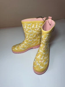 New TU Girls Wellington Boots Size Junior 2 Yellow/Orange Dogs/Poodles Wellies - Picture 1 of 6
