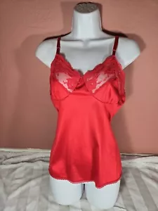 Vintage 70s Texsheen Red Silky Sexy Nylon Lace Cami Camisole Top M Made In USA - Picture 1 of 10