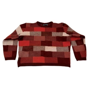 VTG! Demetre Red Cream Brown Color Block Pure Virgin Wool Knit L 90s 80s Retro - Picture 1 of 9