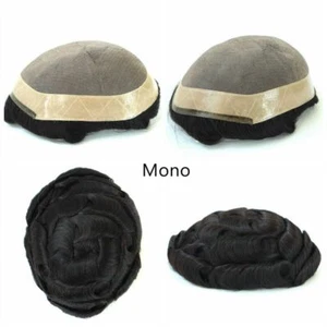 Mens Durable Hair Replacement System Fine Mono Toupee Indian Remy Hairpiece #1B - Picture 1 of 15