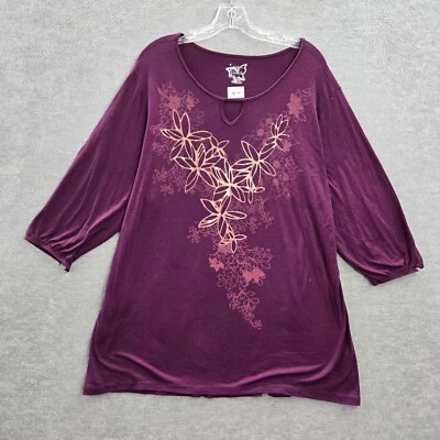 JMS Just My Size Women Top 3X Purple Shirt Floral Balloon 3/4 Sleeve Tee READ - Image 1 of 4