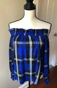 SANCTUARY Womens Blue Plaid Off-The-Shoulder Pullover Top Shirt Size Small NWOT - Picture 1 of 5
