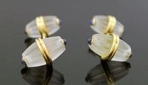 Pair Of Vintage 18k Yellow Gold Rock Crystal Quartz Cabochon Sapphire Cufflinks - Picture 1 of 8