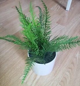 Green faux house plant artificial arrangement in a small white pot, 10in tall - Picture 1 of 4
