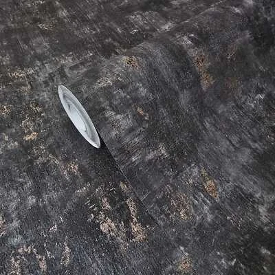 Faux Concrete textured distressed paint black rose gold metallic wallpaper rolls - Image 1 of 4