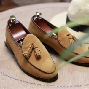 Mocasines sin cordones estilo belga vestido formal gamuza real cuero para hombre borlas zapatos - Imagen 1 de 30