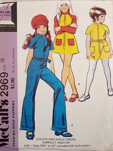 McCall's 2969 JUMPSUIT DRESS CAP Vintage 70s Child Girls 10 UNCUT Sewing Pattern - Picture 1 of 7