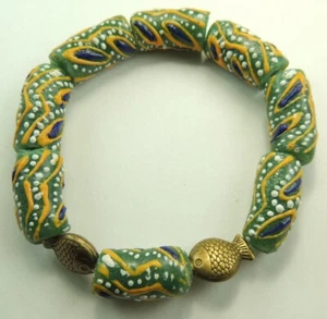Grün Gelb Schwarz Afrikanisches Handel Perlen Armband mit Bronze Fischen Handarbeit - Bild 1 von 1
