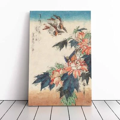 Birds On The Pink Flowers Asian Utagawa Hiroshige Canvas Wall Art Print Framed - Image 1 of 4