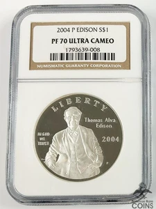 2004-P US $1 Silver Proof Coin Thomas Edison NGC PF70 Ultra Cameo ASW: ~0.77oz - Picture 1 of 6