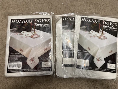 Tobin Christmas Stamped Embroidery Tablecloth 58x104 8 Napkins Kit Holiday Doves - Image 1 of 4