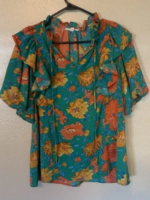 Entro Green Floral Puff Sleeve Top Size S - Image 1 of 3