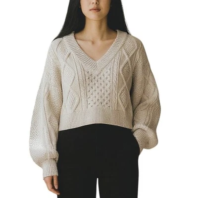 Heather Chunky Academia Sweater Size Small Med Beige Cropped - Image 1 of 4