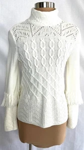 WHITE HOUSE - BLACK MARKET Size S Off White Cable Beaded Fringe Cotton Sweater S - Picture 1 of 4