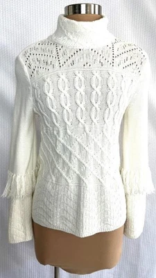 WHITE HOUSE - BLACK MARKET Size S Off White Cable Beaded Fringe Cotton Sweater S - Image 1 of 4