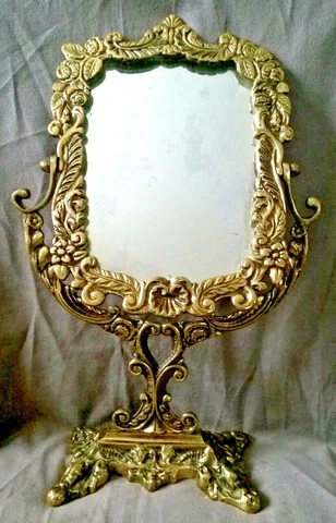 Antique Victorian Brass Frame Standable VANITY Table Top Makeup Mirror Cover