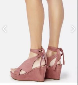 JustFab Women's Chauntra Ankle Strap Tie Wedges Pink Mauve Size 9.5 $60 NEW