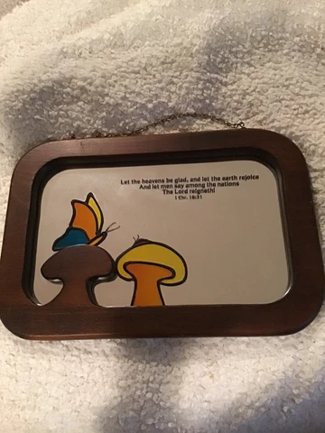 Vintage 70s Stained Glass Wood Frame Mirror Wall Decor Mushrooms And Butterfly Cover