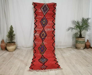 Moroccan Handmade Vintage Runner Rug 2'6"x8'9" Berber Geometric Red Tribal Rug - Picture 1 of 12