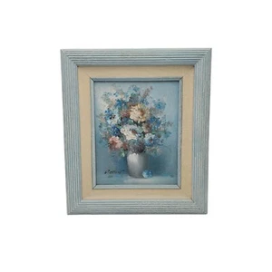 Vintage Rotkehlchen signiert bemalt Blumen Blumenstrauß in Vase 15x13 gerahmt Ölgemälde - Bild 1 von 5