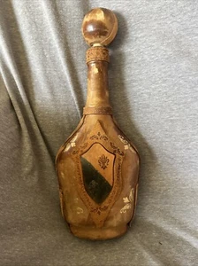 Vintage Decanter Brown Leather wrapped bottle Made in Italy Coat of Arms Italian - Picture 1 of 10