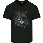 Multicoloured Tribal Fantasy Cat Mens V-Neck Cotton T-Shirt