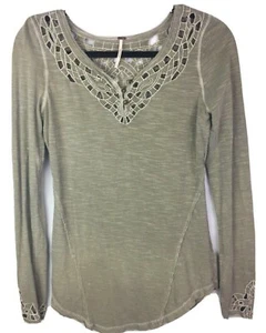 Free People Small Green Top Cut-out Detail Cuffs And Neckline Long Sleeve FLAW - Picture 1 of 9
