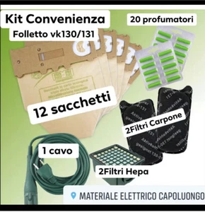 SACCHETTI FOLLETTO VK 130 VK 131 12PZ +20 PROFUMI+2 FILTRI CARBONI +2 HEPA+ CAVO - Foto 1 di 1
