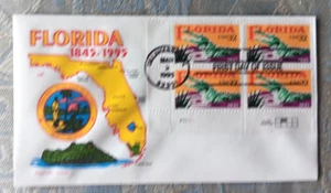 FLORIDA STATEHOOD 150TH ANNIV  1995 ALLIGATOR SEAL FARNAM CACHET FDC PLATE#BLOCK - Picture 1 of 1